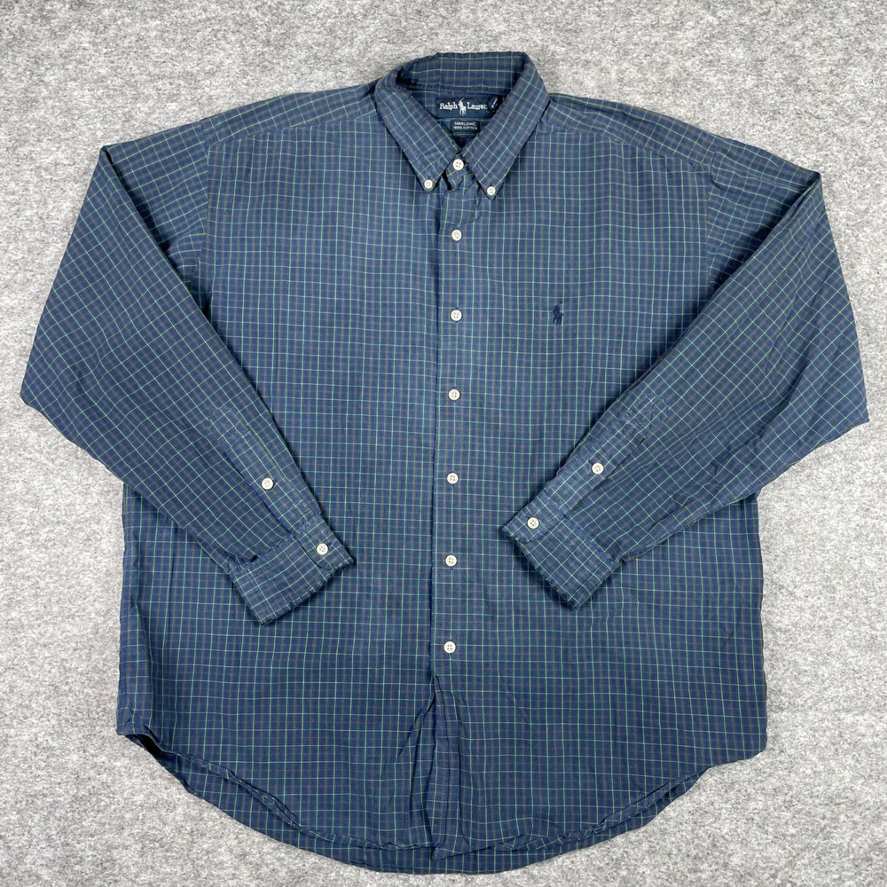 Vintage Polo Ralph Lauren Shirt Mens XL Blue Green Plaid Marlowe Long Sleeve 90s